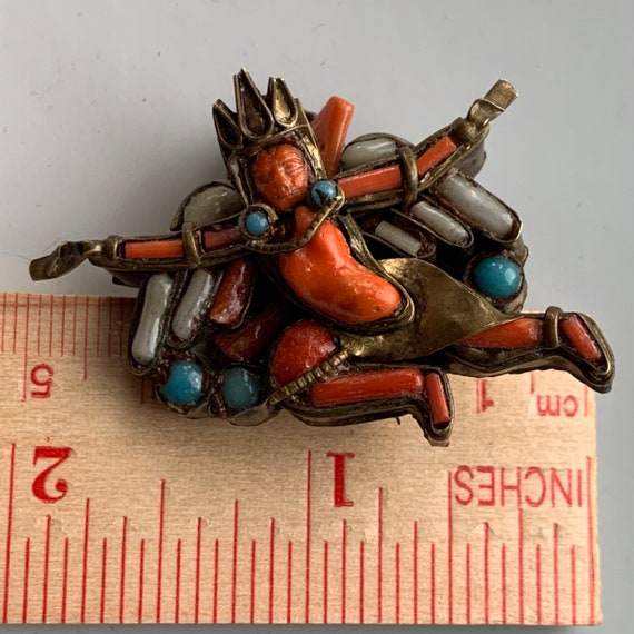 Vintage Nepal Buddha Coral Brass Signed Pin - image 7