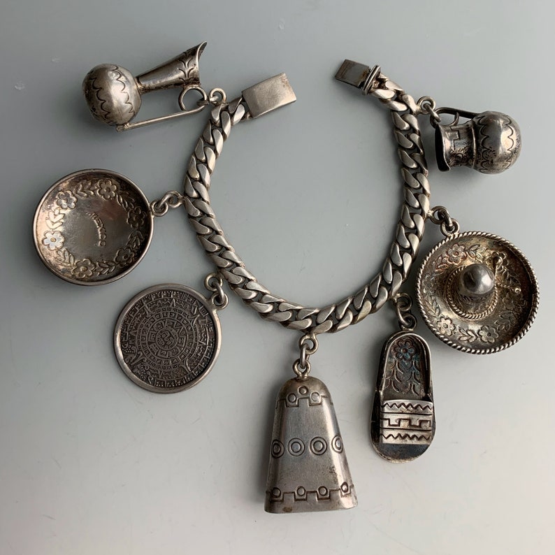 Vintage Sterling Mexico Charm Bracelet Heavy Large Charms Etsy 日本