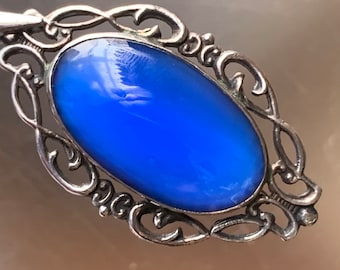 Art Deco Blue Glass Sterling Scroll Brooch