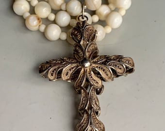 Antique Filigree Cross Mother Pearl Necklace