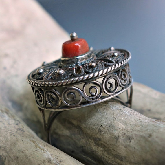 Antique Coral Silver Filigree Ring Hallmarked - image 1