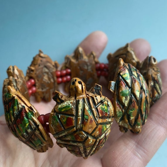 Turtle Bracelet Carved Folk Art Peach Pit