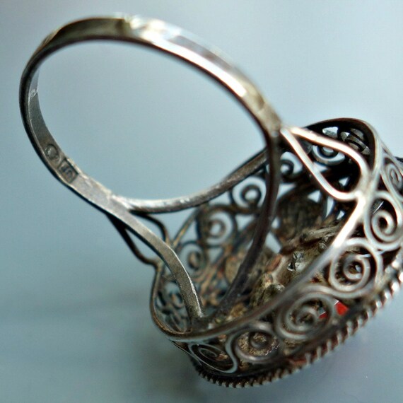 Antique Coral Silver Filigree Ring Hallmarked - image 4