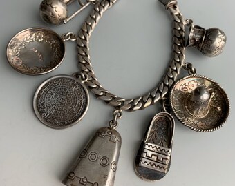 Vintage Sterling Silver Charm Bracelet, Mexican Souvenir Tourist