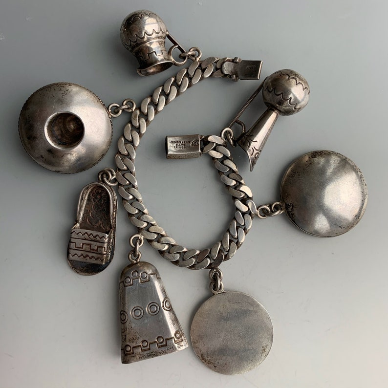 Vintage Sterling Mexico Charm Bracelet Heavy Large Charms Etsy 日本