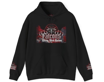 May include: A black hooded sweatshirt featuring a graphic on the chest of a falcon with red accents and the text "Falcons Dirty Bird Nation". The same graphic is repeated in a smaller size on the lower portion of both long sleeves.