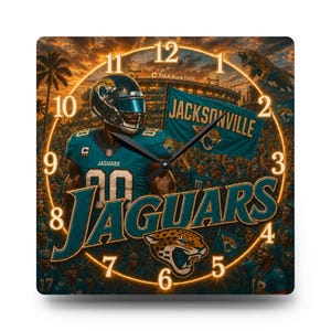 May include: A square wall clock featuring a Jacksonville Jaguars football player in a teal uniform, a stadium background with a flag labeled JACKSONVILLE, the team logo, and the word JAGUARS in large teal letters, all set against a sunset sky.