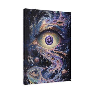 May include: A canvas print featuring a surreal, cosmic eye with a purple iris and long eyelashes. The artwork is set against a backdrop of swirling nebulae, planets, and multiple smaller eyes, creating a dreamlike, psychedelic aesthetic.