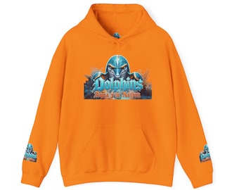 May include: A bright orange hooded sweatshirt featuring a central graphic of a blue dolphin with the text "Dolphins" and "Aqua Fin Nation" below it. Smaller versions of the same dolphin graphic are printed on each of the long sleeves.