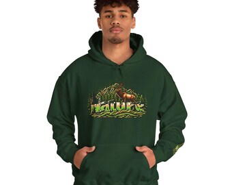 May include: A dark green hooded sweatshirt with a graphic print of a mountain scene with a deer and the word "Nature" in green and white lettering.