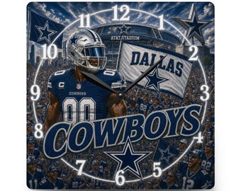 May include: A square wall clock featuring a Dallas Cowboys football player in a blue uniform, a stadium background, and a flag with the text DALLAS. The clock face displays white numbers from 1 to 12, black hands, and the word COWBOYS in large blue letters.
