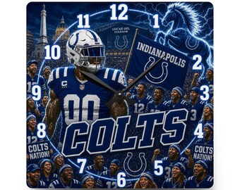 May include: A square wall clock featuring a blue and white Indianapolis Colts theme. The design includes a football player in a helmet, a stadium, a horse, and fans. The text reads Indianapolis, Colts, and Colts Nation, with black clock hands.