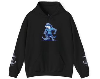 Der Hoodie mit muskulösem Hai-Motiv auf dem Ärmel zeigt einen markanten, grinsenden Hai im Cartoon-Stil.