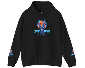 Cosmic Fusion Flaming Skull Hoodie, Drip Sleeve Accents, Urban Streetwear Graphic Pullover