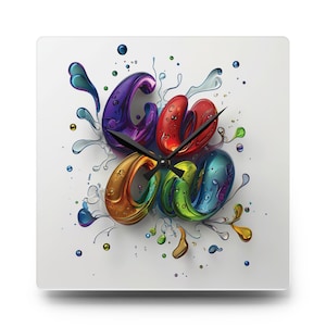 May include: A colorful, abstract clock with a white background. The clock face is made of 3D letters that spell out "GO" in a rainbow of colors. The letters are surrounded by colorful paint splatters.