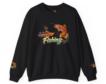 Shirt sweatshirt Fishing Boat Angler Graphic Sweatshirt Retro Fish Illustration, fisherman stands steady catching Rainbow trout