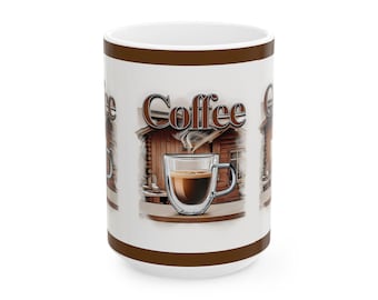Puede incluir: Taza de café de cerámica blanca con una banda marrón alrededor de la parte superior e inferior. La taza presenta un gráfico de una cabaña rústica con una taza de café humeante frente a ella. El texto "Coffee" está impreso en letras marrones sobre la cabaña.