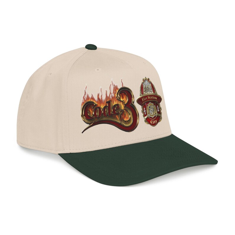 Code 3 Firefighter Emergency code printed Emblem Baseball Cap, Fire Station Badge, Flames image 3