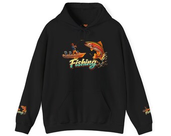 Hoodie Fishing Boat and Leaping Trout Hoodie  Fishing Graphic Sweatshirt brings the quiet thrill of an early-morning catch to everyday wear