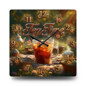 May include: Square wall clock with a tea party theme. The clock face features a large glass mug of iced tea, surrounded by floral accents and the words "Tea Time" in a decorative font. The clock hands are black.