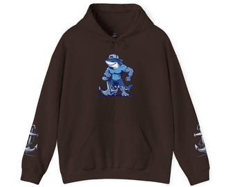 Hoodie Muscular Shark Character Anchor Sleeve Graphic features a bold, cartoon style shark muscular, grinning,