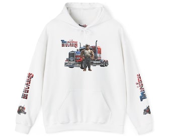 May include: A white hooded sweatshirt featuring a graphic of a red, white, and blue semi-truck with a muscular figure standing in front. The word Trucking is printed in a flag-patterned font above the truck and repeated down both sleeves.