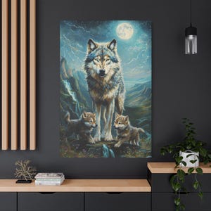 Picture art Wolf Family Canvas Art - Majestic Wolf Print, Wildlife Decor, Home Office Wall Art, Nature Lover Gift, Moonlight Artwork