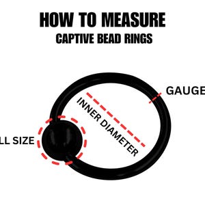 K&ouml;nnte beinhalten: Diagramm, das zeigt, wie man Captive Bead Ringe misst. Das Diagramm zeigt einen schwarzen Ring mit einer roten gestrichelten Linie, die den Innendurchmesser angibt, und einen roten Kreis um die Kugelgr&ouml;&szlig;e. Der Text "GAUGE" steht &uuml;ber dem Ring und der Text "INNEN&Oslash;" steht im Ring. Der Text "KUGELGR&Ouml;SSE" steht links vom Ring.