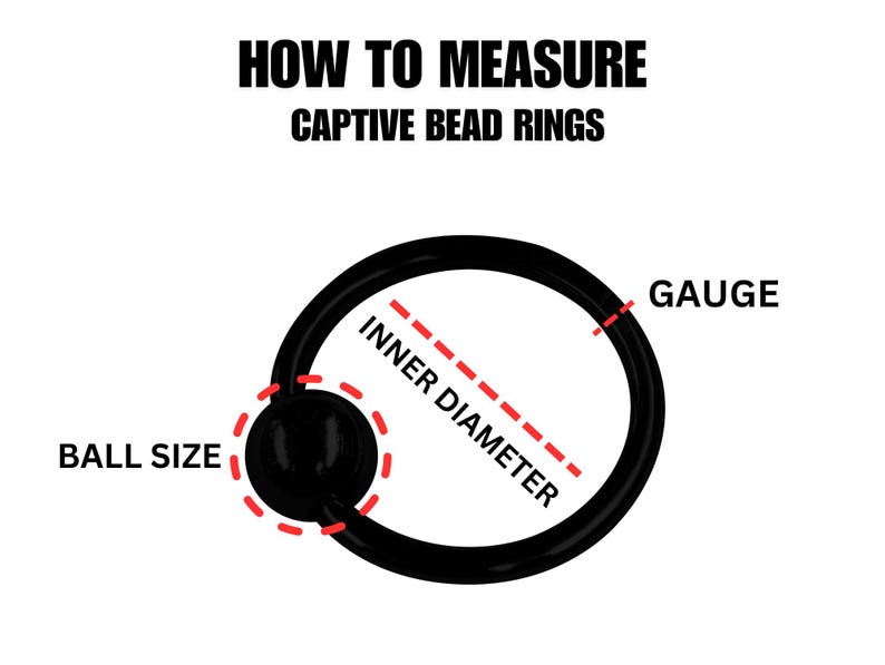 K&ouml;nnte beinhalten: Diagramm, das zeigt, wie man Captive Bead Ringe misst. Das Diagramm zeigt einen schwarzen Ring mit einer roten gestrichelten Linie, die den Innendurchmesser angibt, und einen roten Kreis um die Kugelgr&ouml;&szlig;e. Der Text "GAUGE" steht &uuml;ber dem Ring und der Text "INNEN&Oslash;" steht im Ring. Der Text "KUGELGR&Ouml;SSE" steht links vom Ring.