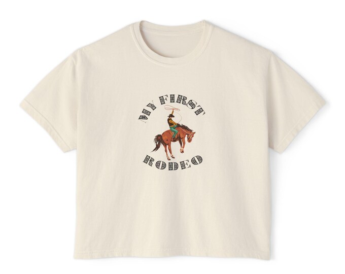 Cowboy Western Women's Boxy Tee Shirt, My First Rodeo Equestrian Horse Cowgirl, Country Rodeo T-Shirt, Western Theme Clothing, Horse Lover