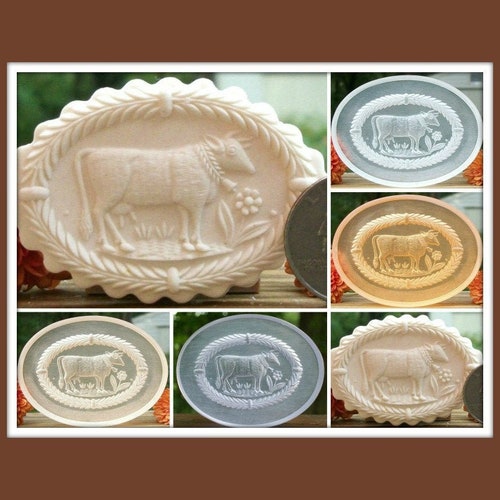 1860 Clear Tinted Weissach Cow Cookie Mold - Springerle Mold - Marzipan Mold - Cow Mold - Ornament Mold - Paper Casting Mold - Animal Mold