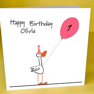 Biglietto di auguri personalizzato per il 1° compleanno con anatra e palloncino rosa
