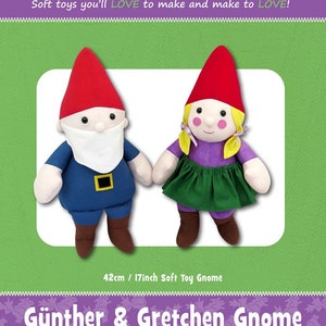 May include: A sewing pattern for a 17-inch soft toy gnome. The pattern includes instructions for making a male gnome with a blue outfit and a female gnome with a purple outfit and green skirt. The pattern is titled "Günther & Gretchen Gnome" and is from the "funky friends factory" brand.