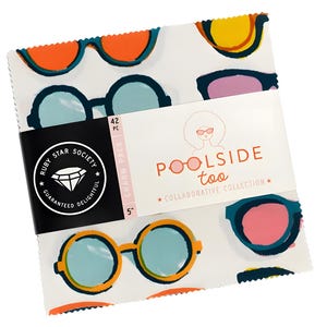 May include: A stack of fabric squares with a sunglasses pattern in orange, blue, yellow, and pink on a white background. The fabric is labeled "Poolside too" and "Ruby Star Society". The pack contains 42 pieces, each 5 inches.