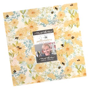 May include: A square fabric bundle featuring a floral pattern with yellow daisies, green leaves, and small black and yellow bees. The fabric is labeled "Moda" and "pollinators" with a photo of a woman.
