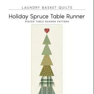 Może przedstawiać: Wzór bieżnika stołowego na świąteczną choinkę. Wzór jest składany i przedstawia zielone, brązowe i białe drzewo z czerwonym sercem na szczycie. Bieżnik stołowy ma 40 cali na 12 cali.