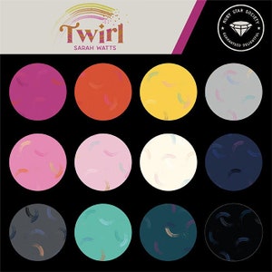 May include: A collection of 10 fabric swatches with different colors and patterns. The swatches are arranged in a grid of 3 rows and 4 columns. The fabric has a brushstroke pattern with a subtle shimmer. The text "Twirl" and "Sarah Watts" is displayed at the top of the image.