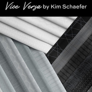 May include: A collection of fabric swatches featuring various geometric patterns in shades of gray. The swatches are arranged in a fan shape, with the text "Vice Versa by Kim Schaefer" at the top.