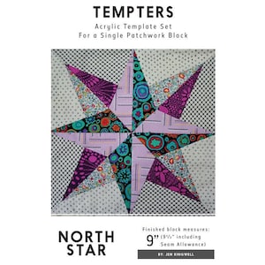 May include: A patchwork quilt block featuring a large, multi-colored star with a purple, pink, and black color scheme. The block is 9 inches wide and is called "North Star".