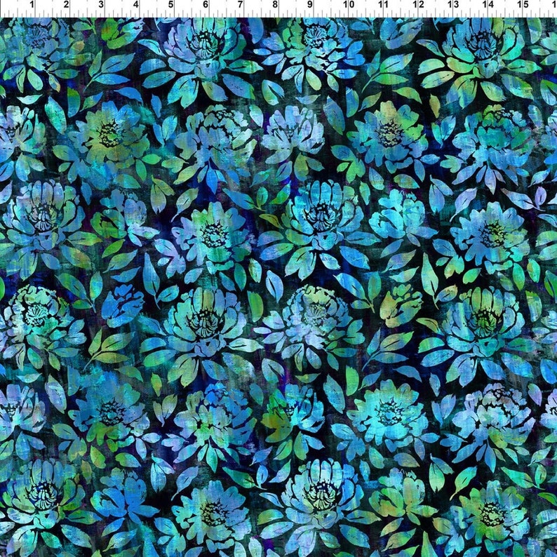 May include: A blue and green floral pattern on a dark blue background. The flowers are stylized and have a watercolor effect.