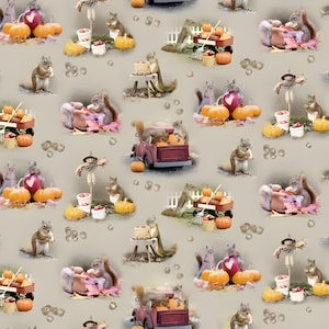 May include: A repeating pattern featuring squirrels, pumpkins, and autumn-themed elements. Squirrels are depicted with pumpkins, miniature wagons, and decorative elements. The color palette includes shades of orange, brown, and beige, creating a fall harvest theme.