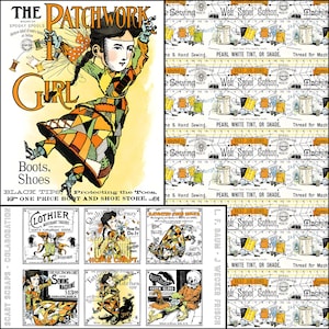 May include: A collage of vintage sewing-themed advertisements and fabric designs. The central image features a girl in a patchwork dress, with text reading "The Patchwork Girl." Other images include sewing notions and text like "Web Spool Cotton."