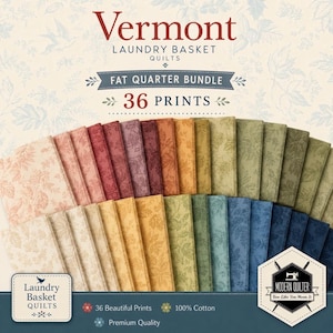 以下が含まれることがあります： Vermont Laundry Basket Quiltsのファットクォーター生地36枚セット。クリーム、ピンク、赤、オレンジ、黄色、緑、青のグラデーションカラーで構成され、すべてに統一された植物の葉の模様がプリントされています。