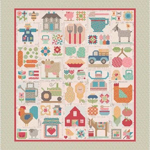 May include: A patchwork quilt featuring a farm theme with various appliqued images. The quilt showcases a house, pig, utensils, goat, truck, cherries, cow, pie, tractor, pears, chicken, and other farm-related elements. The quilt has a red border and a light green patterned background.