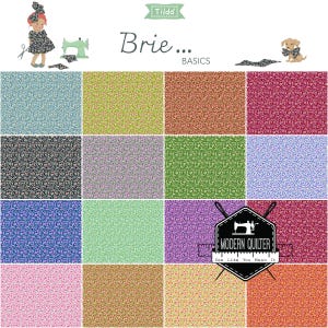 May include: A collection of floral fabric squares in various colors, including blue, green, pink, and purple. The fabric is labeled "Brie...BASICS" and includes a logo for "Modern Quilter".