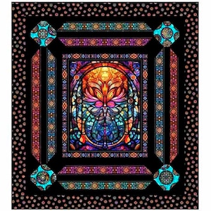 May include: A colorful stained glass window design featuring a butterfly with intricate details. The window is framed with a black border and surrounded by a pattern of small dots.