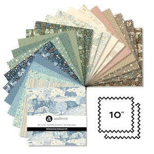 May include: A collection of 10" x 10" fabric squares in various patterns and colors. The fabrics feature floral, deer, and landscape designs in shades of blue, green, and beige. The label reads "andover" and "Wildwood by Makower UK".