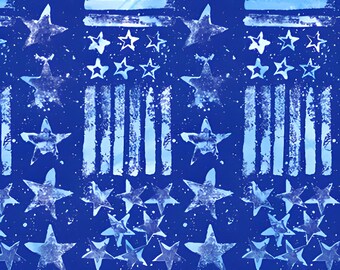 Katie Pasquini Masopustによる、Free Spiritの「Americana Stars and Stripes in Blue」 - モダンなパッチワーク用裁縫生地
