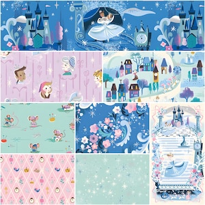 May include: A collection of whimsical illustrations featuring Cinderella-themed designs. The images showcase Cinderella and Prince Charming, a castle, mice, clocks, and floral patterns in shades of blue, pink, and teal. The artwork has a storybook aesthetic.
