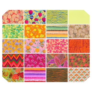 May include: A rectangular grid of twenty distinct fabric swatches featuring a variety of colorful patterns, including botanical prints, geometric zigzags, abstract wavy lines, fruit motifs, and solid light yellow, arranged in a five-by-four layout.